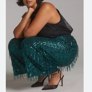 NWT Anthropologie Teal Sequin Feather Pants Size 20